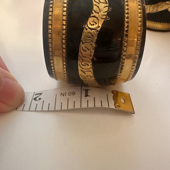 Moody Hollywood Regency Black Enamel Etched Brass Barrel Napkin Rings SET of 8 - Picture 8 of 13
